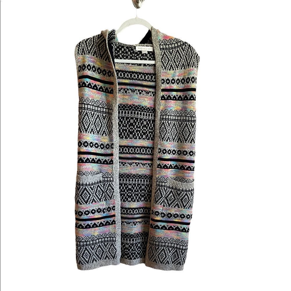 Monteau Multicolor Hooded Sleeveless Open Cardigan Knit Sz S‎